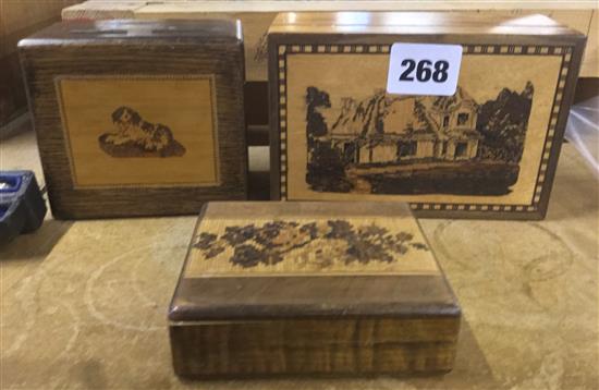 2 Tunbridge Ware small boxes with floral mosaic bandwork , a dog and Glena Cottage